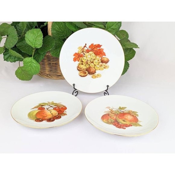 Set of 3 White Porcelain Collectible Plates | Autumn Harvest Fall Apples Grapes - Picture 1 of 10